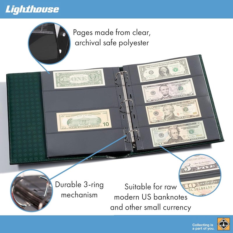Lighthouse - GRANDE Classic Currency Album Set, 3-Ring Binder with 20 Pages for 80 Raw Modern US Banknotes - Green - Image 3